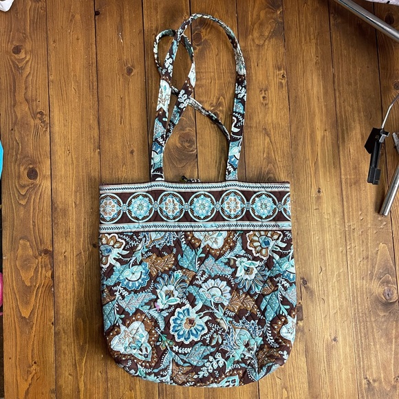 Vera Bradley Java Blue Tote Bag brown and blue design quilted tote bag - Picture 2 of 9